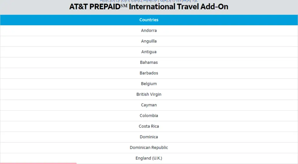 A screenshot of an AT&T Prepaid International Travel Add-On list of countries webpage