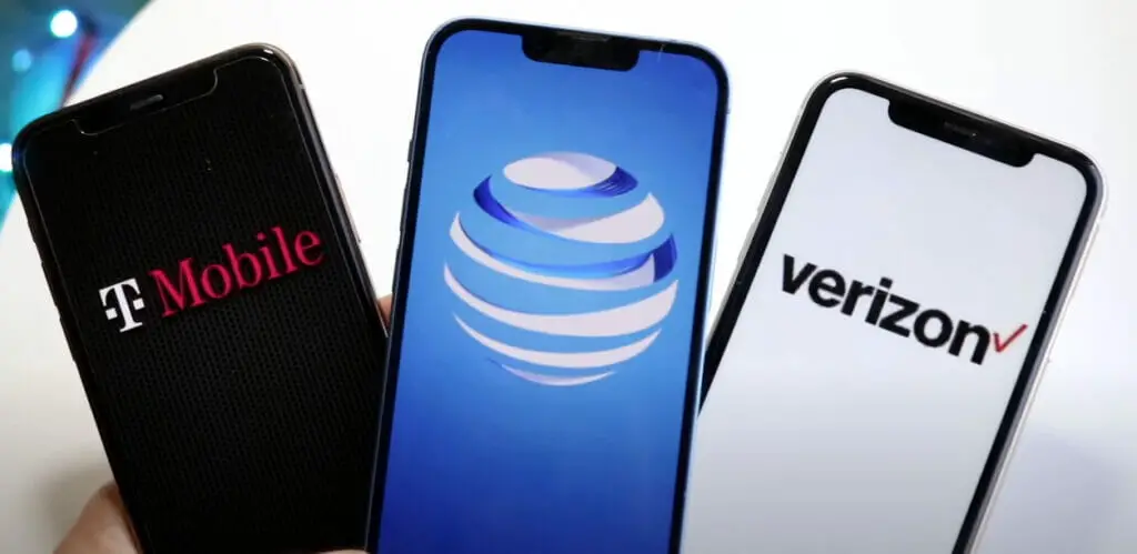 Three phones with T-Mobile, AT&T and Verizon logo on it