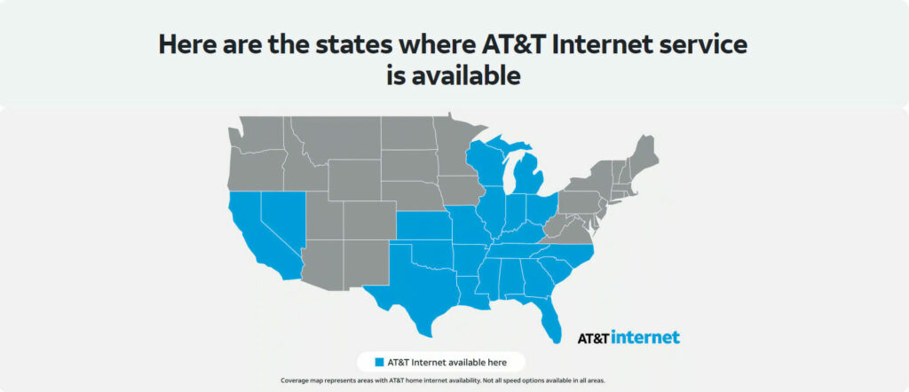 A banner with USA map and a text heading that says "Here are the states where AT&T internet service is available"
