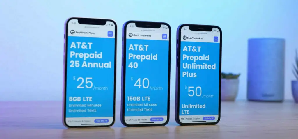 Three iphones on a table with the at&t ad on them