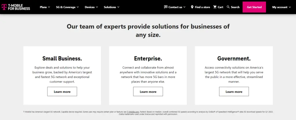 A screenshot of a T-Mobile Business website