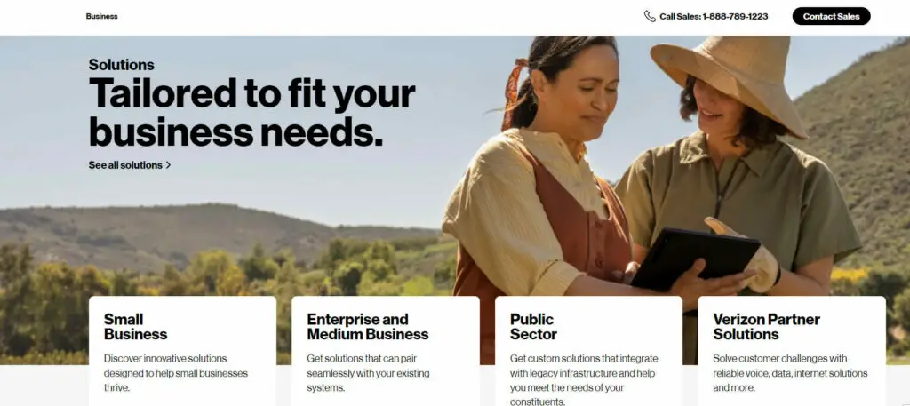 A screenshot of a Verizon Business website with two women on its banner