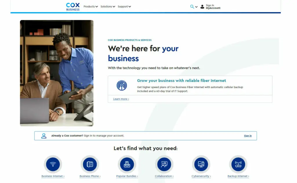 The homepage of the cox business website