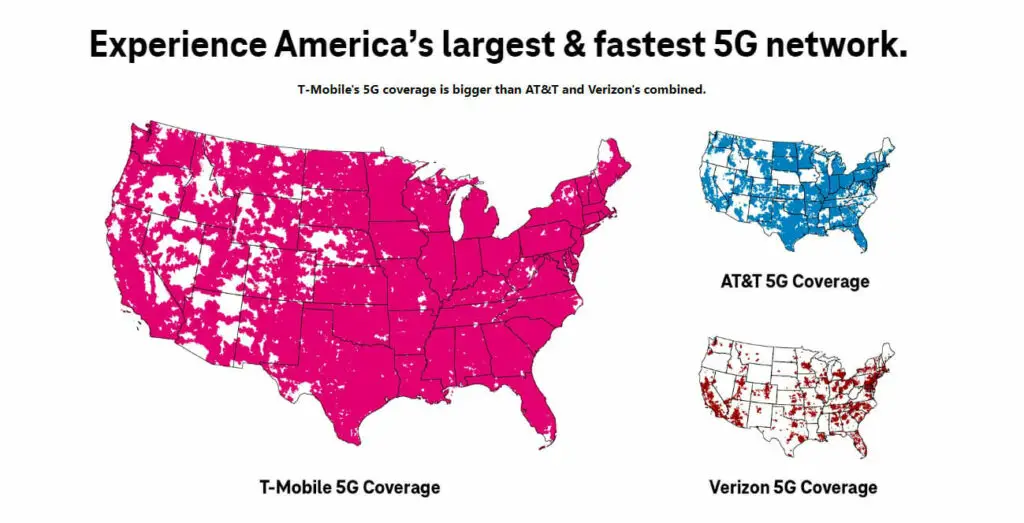 USA Map with T-Mobile, AT&T and Verizon 5G coverage