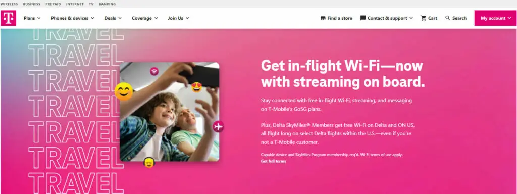 T-Mobile website with banner with an image of a child and father taking a selfie and text that says TRAVEL