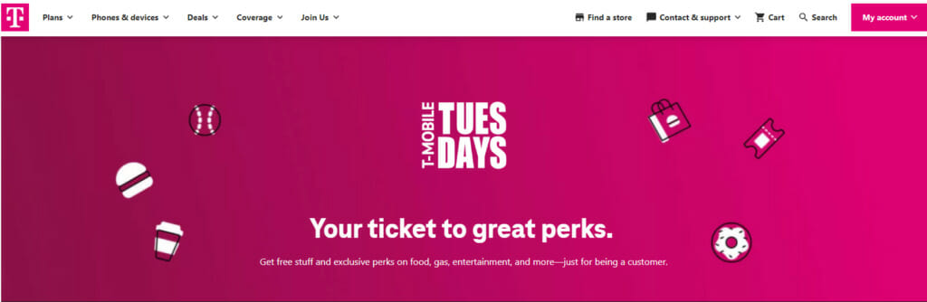 T-Mobile website with pink banner that says T-MOBILE TUESDAYS