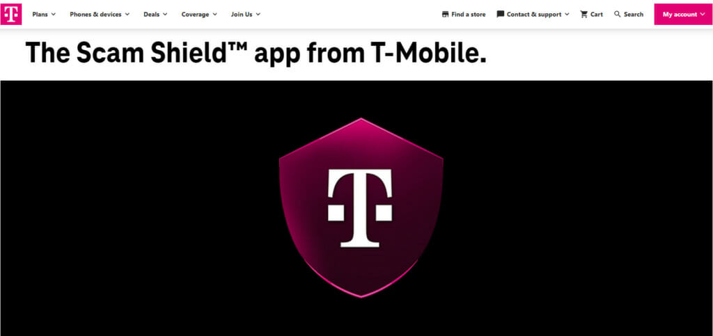 A screenshot of a T-Mobile website with a banner for The Scam Shield app
