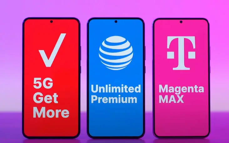 Three smartphones with Verizon, AT&T and T-Mobile logos
