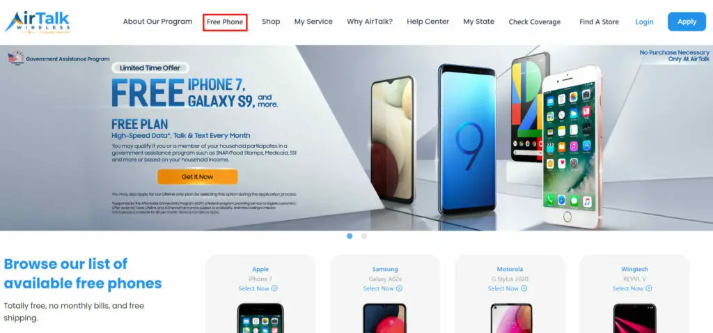 An AirTalk website with red box on Free Phone menu