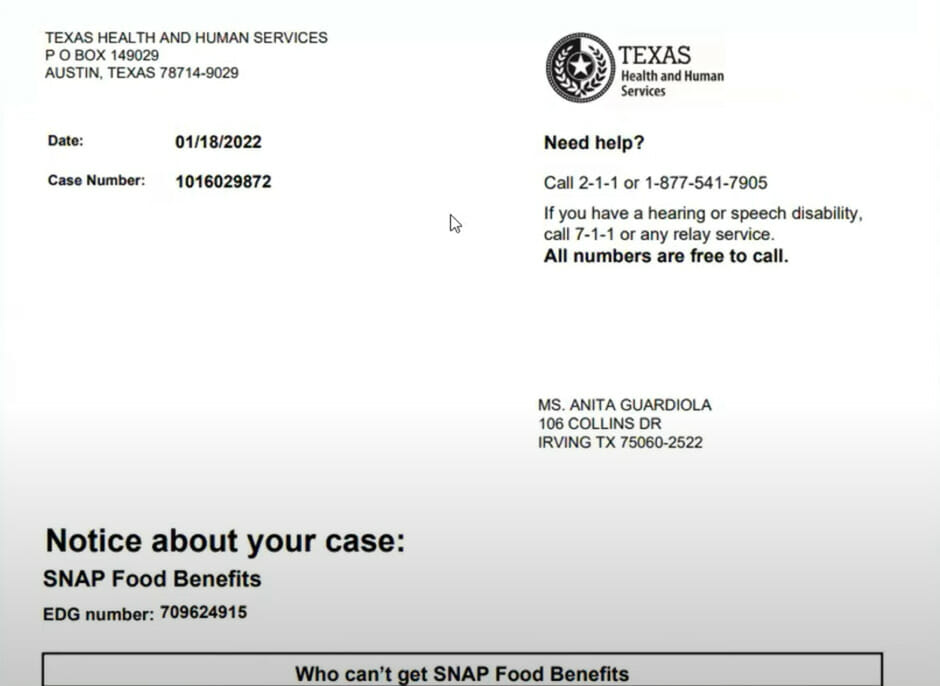 A close-up of a Texas Health and Human Services notice document