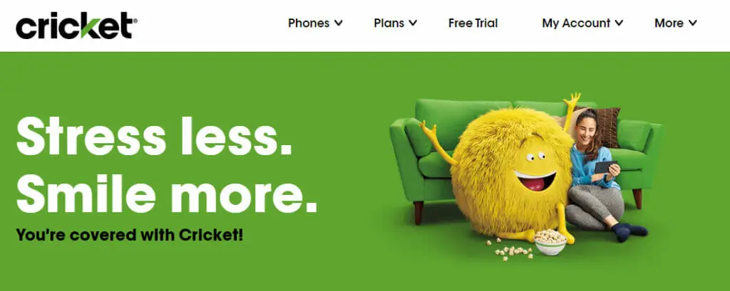 Cricket Wireless website screenshot with banner that says "Stress less. Smile more."