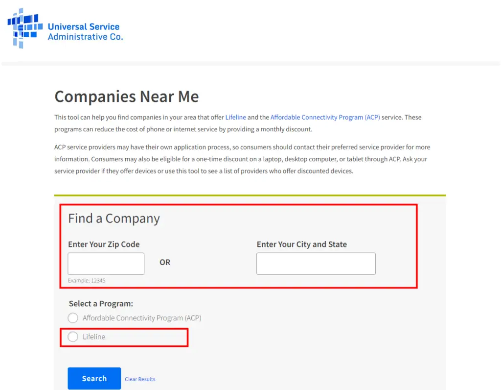 USAC website with Companies Near Me web form
