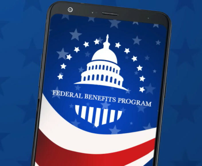 The federal benefits program logo is displayed on a smartphone