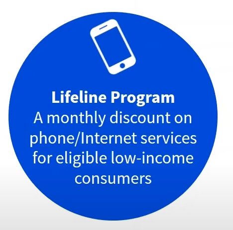 A circular info card in blue with text that says "Lifeline Program A monthly discount on phone/internet services for eligible low-income consumers"