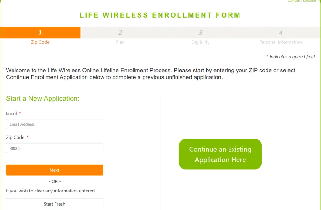 Life Wireless enrollment web form