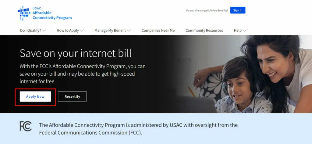 USAC website screenshot with a mother and child on the banner and a text of "Save on your internet bill"