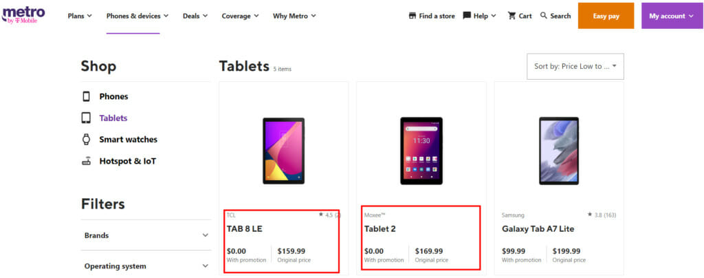 Screenshot of a Metro by T-Mobile website with options of tablets and mobile phones