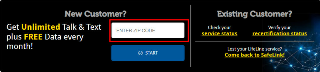 A screen showing a form for new customer to enter zip code