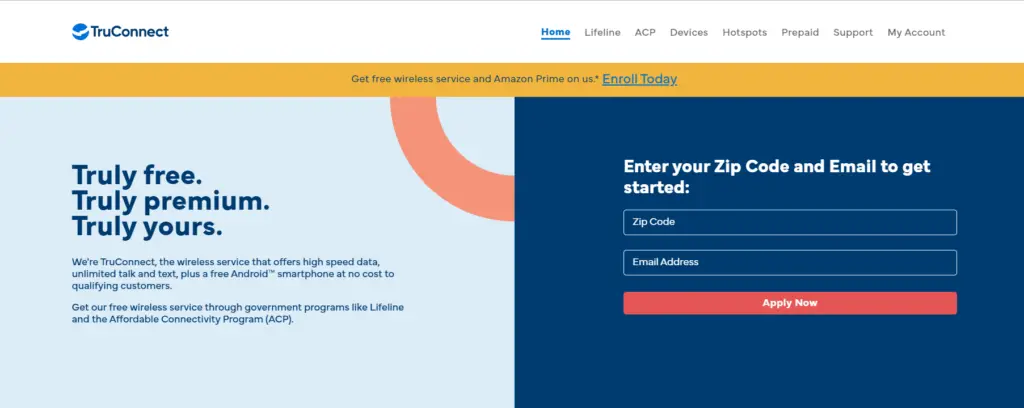 TruConnect website with banner text and form for zip code and email