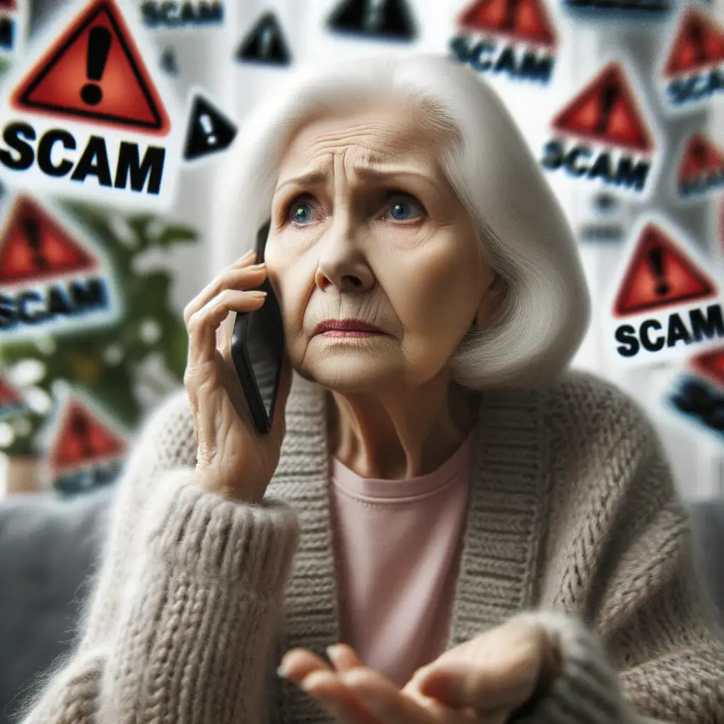 An elderly woman talking on the phone with scam signs surrounding her