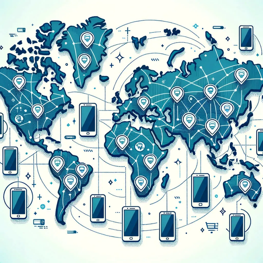 An image of a map of the world with mobile phones connected to it