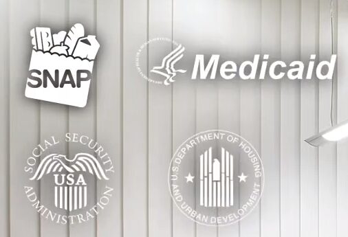 SNAP, Medicaid, Social Security USA and Department of Housing logos in a black and white