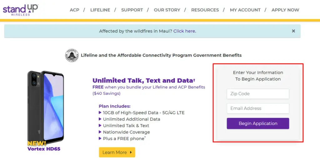 StandUp Wireless website with vortex hd65 phone as part of the lifeline program