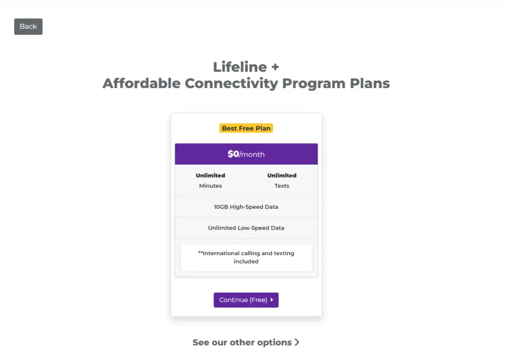 A screenshot of a Lifeline Affordable Connectivity Program Plans information
