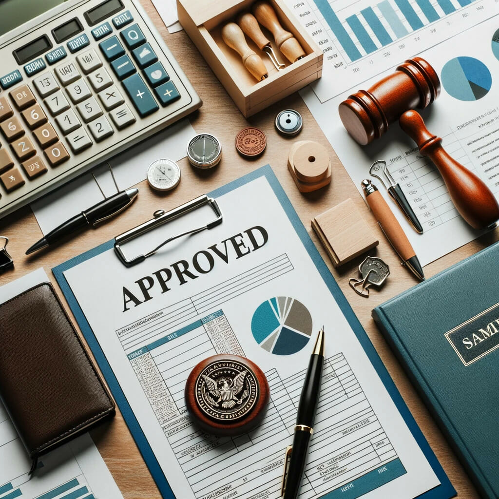 A desk with legal documents, calculators, and a gavel