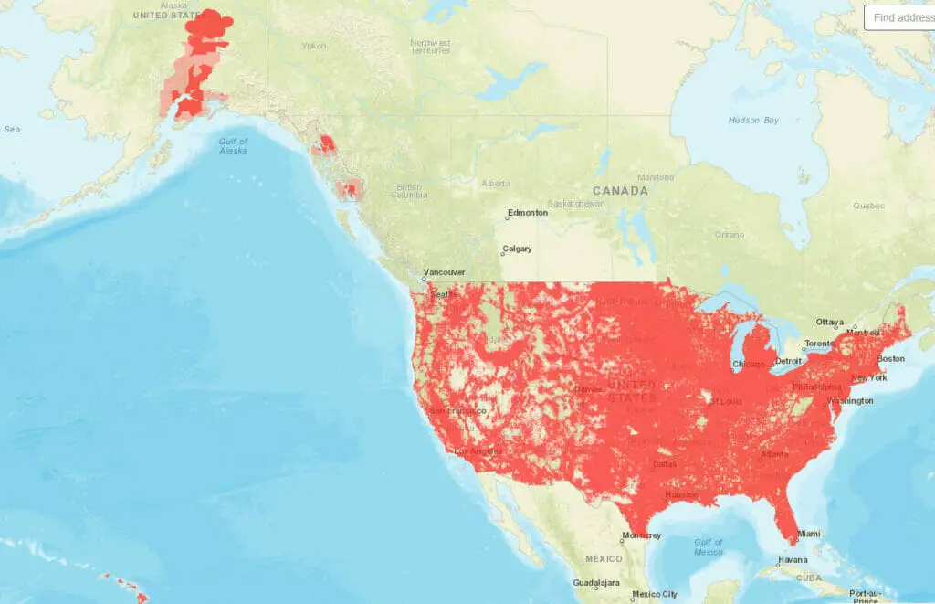 A map of the United States showing the locations of cell towers