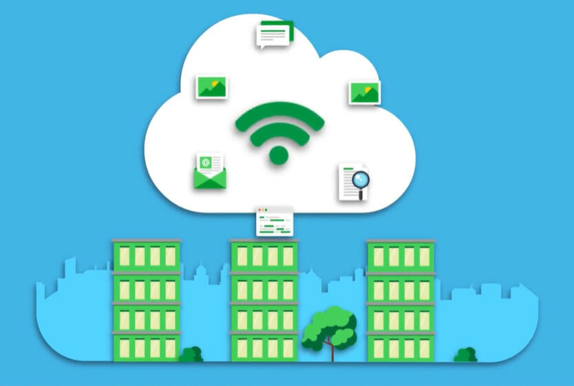 A cloud with a wi-fi icon in the middle of a city