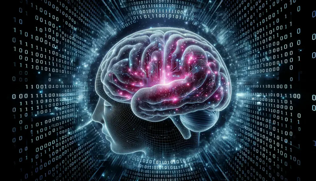 An image of a human brain with a digital background