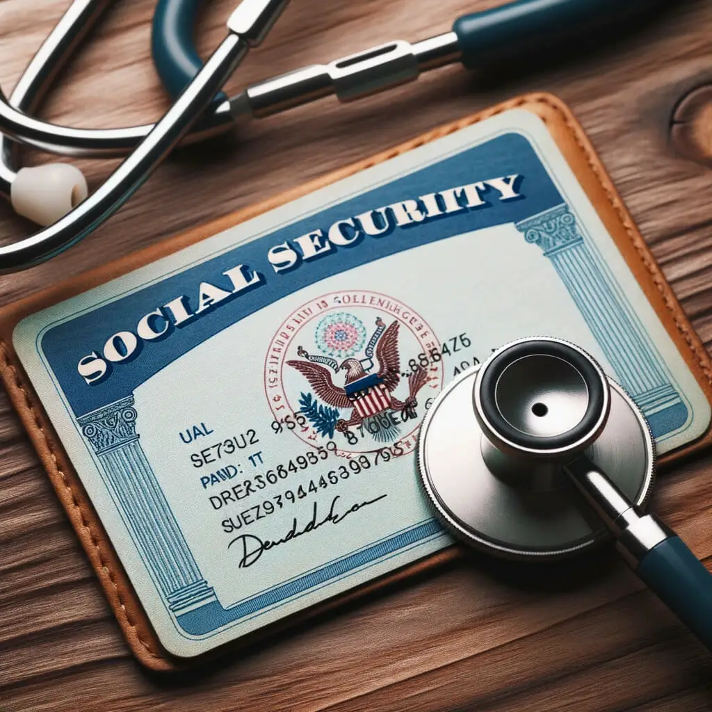 A social security card with a stethoscope on top.