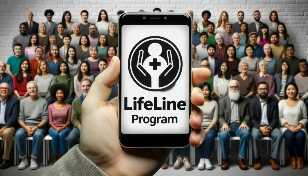A person holding up a phone with the word lifeline program on it and a group of people sitting for a photo