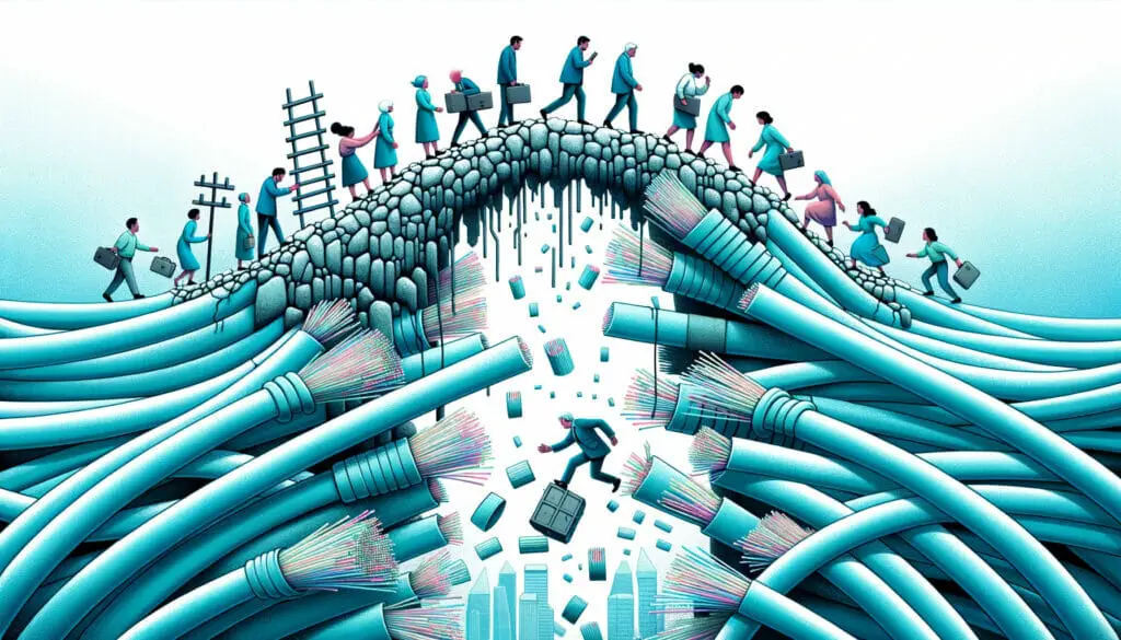 An illustration of a group of people climbing a mountain of wires