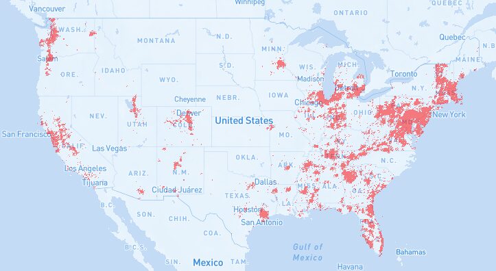 A map of the United States with red dots