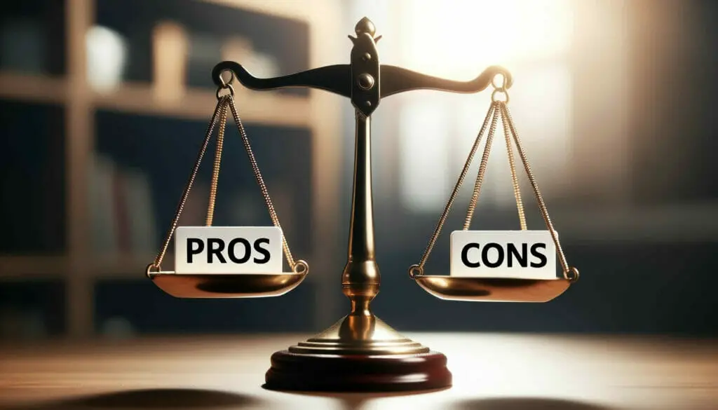 A scale with the words pros and cons on it