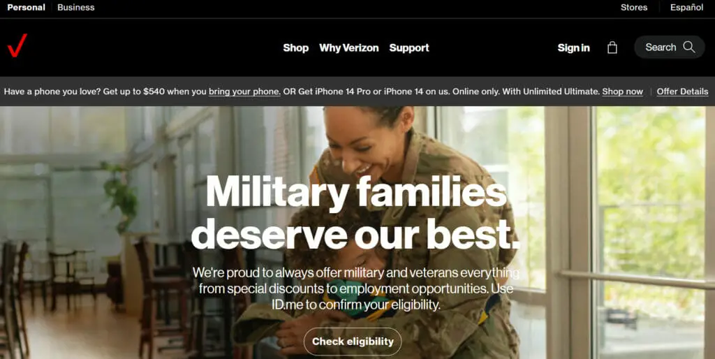 Verizon website with banner ad that says "Military families deserve our best."