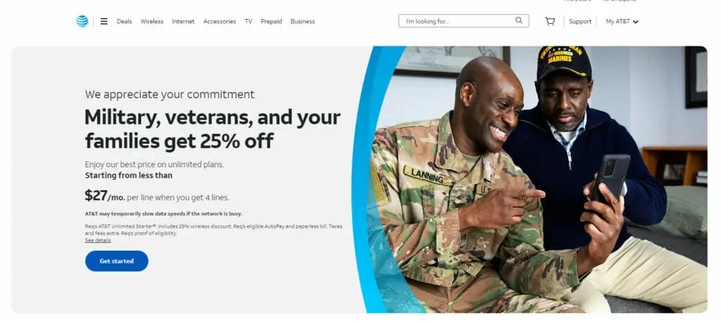 AT&T website with banner that says "Military, veterans, and your families get 25% off"