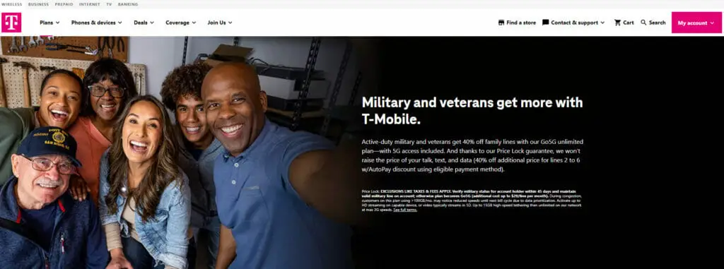 T-Mobile website with banner ad that says "Military and veterans get more with T-Mobile."