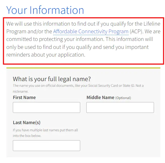 A web form for full legal name