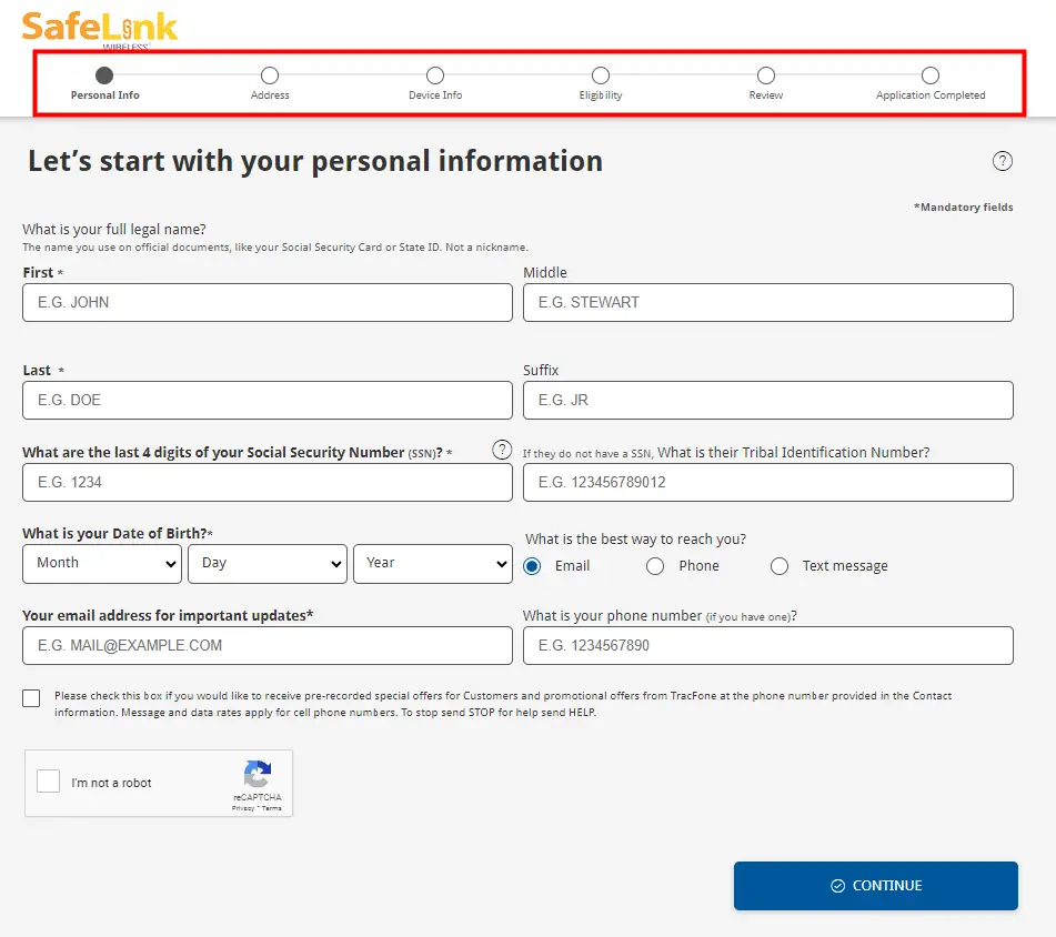SafeLink webpage form for personal information