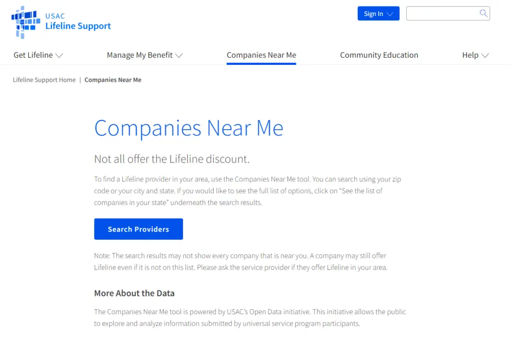 USAC Lifeline Support website with Companies Near Me feature for providers