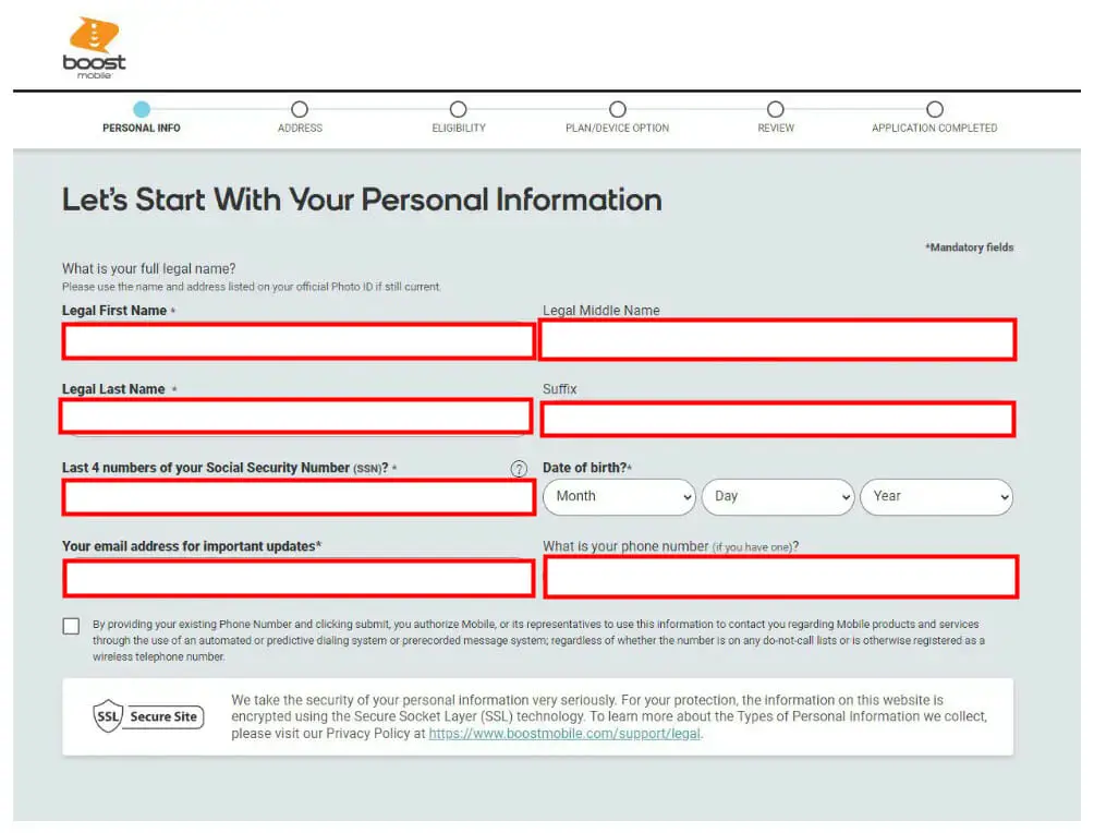 Boost Mobile online application form