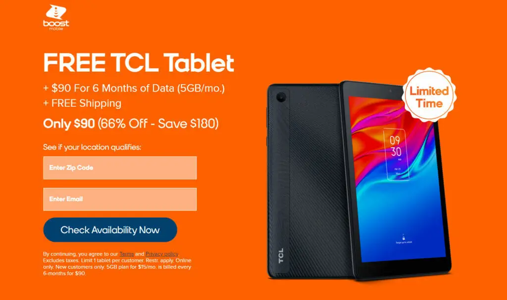 Boost Mobile add for FREE TCL tablet in an orange background