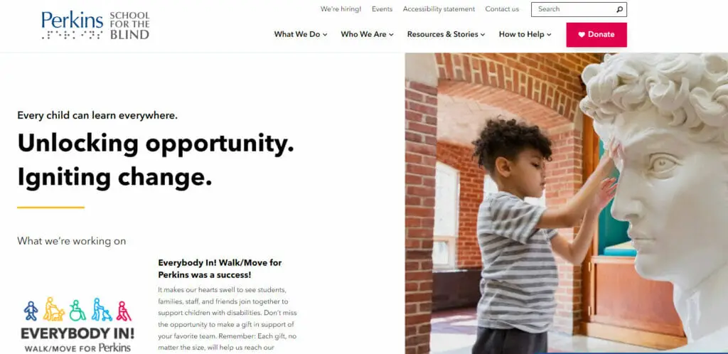 Perkins School for the blind website with a child touching a statue in its banner