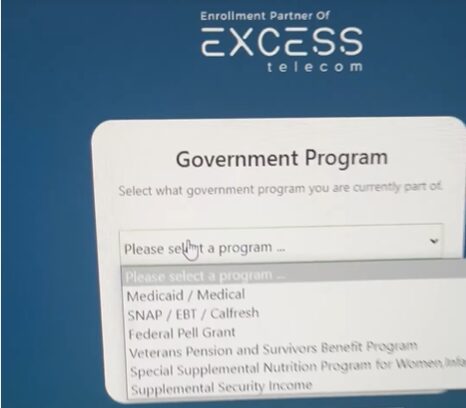 A screenshot of an Excess Telecom dropdown list of government program