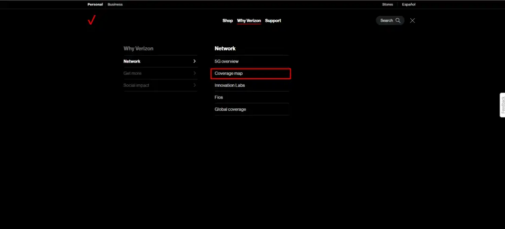 Verizon website highlighting the Coverage map menu