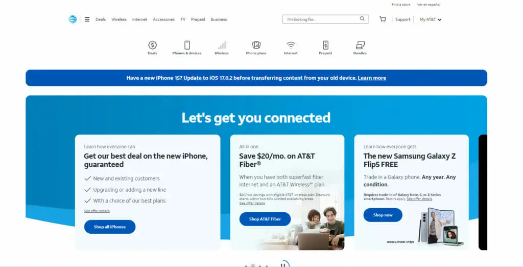 AT&T website with plan options