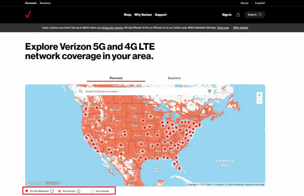 Verizon website showing the 4g and 5g connection